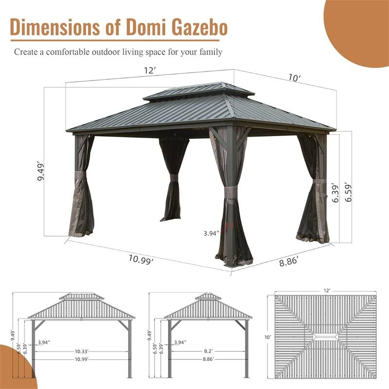 GDFStudio - Madison Outdoor Grove Hardtop Gazebo with Double Roof, Curtains & Netting