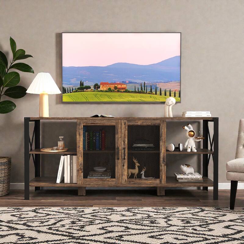Industrial TV Stand for Living Room, Modern Farmhouse Wood & Metal Entertainment Center with Open Bookshelf - Espresso