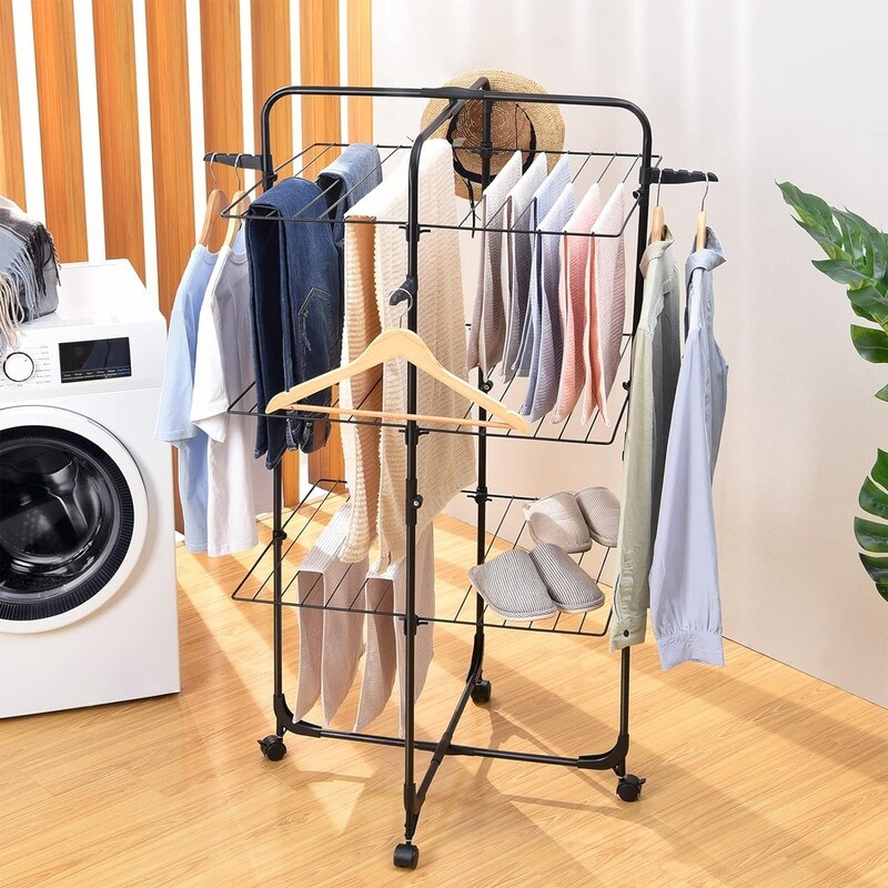 3-Tier Folding Clothes Airer Drying Rack - Large Indoor Outdoor Laundry Rack White