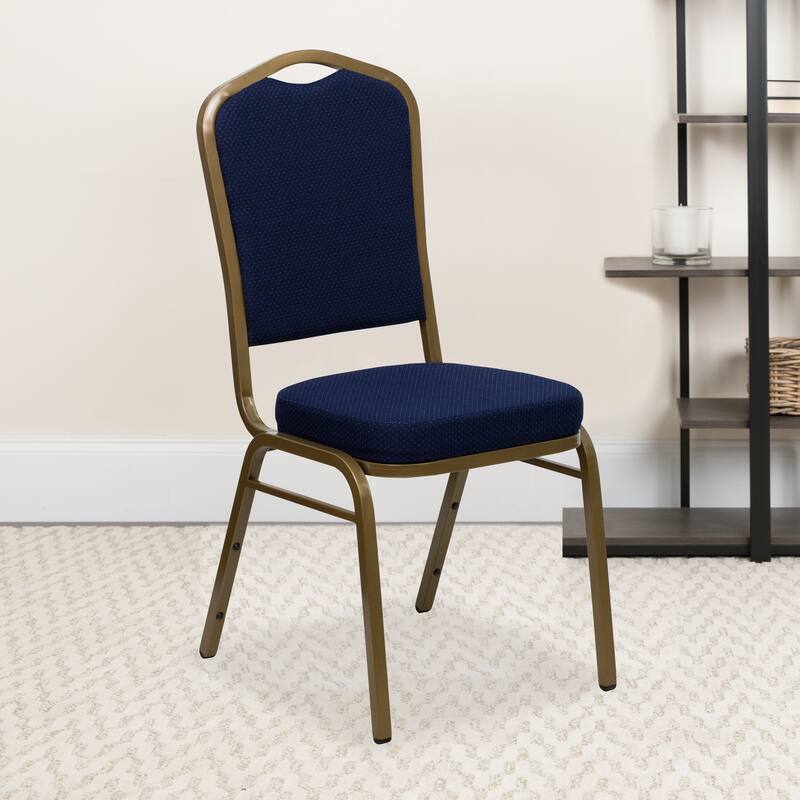 Crown Back Stacking Banquet Chair - Navy Blue Patterned Fabric/Gold Frame