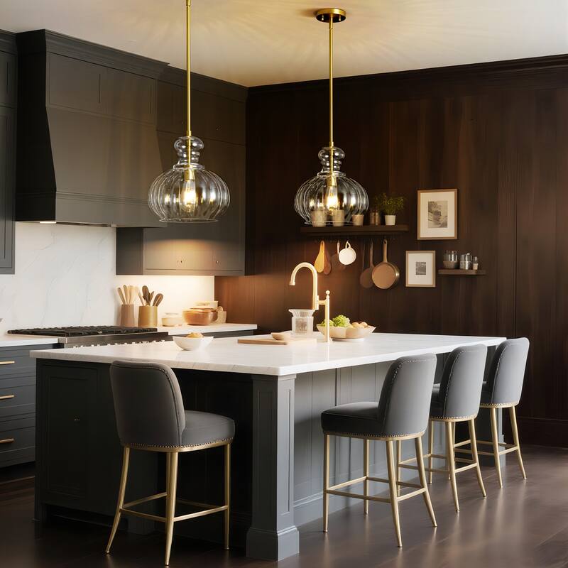 11" W Modern Traditional 1-Light Black/Gold Pendant Light with Clear Ribbed Pumpkin-shaped Glass Shade