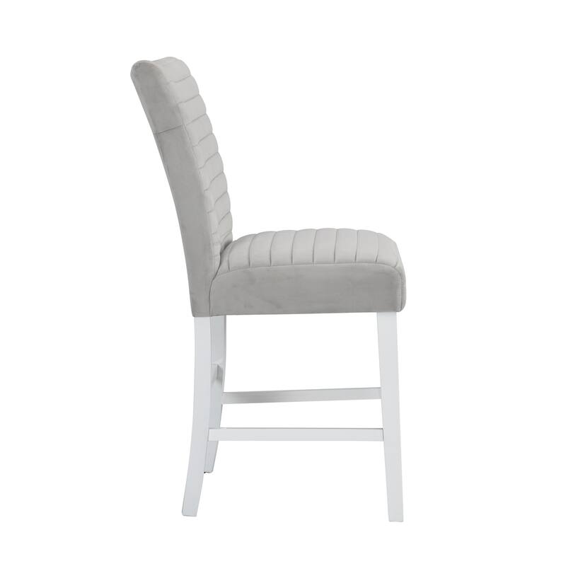 Set of 2 Velvet Upholstered Counter Height Chairs, Grey and White High Gloss