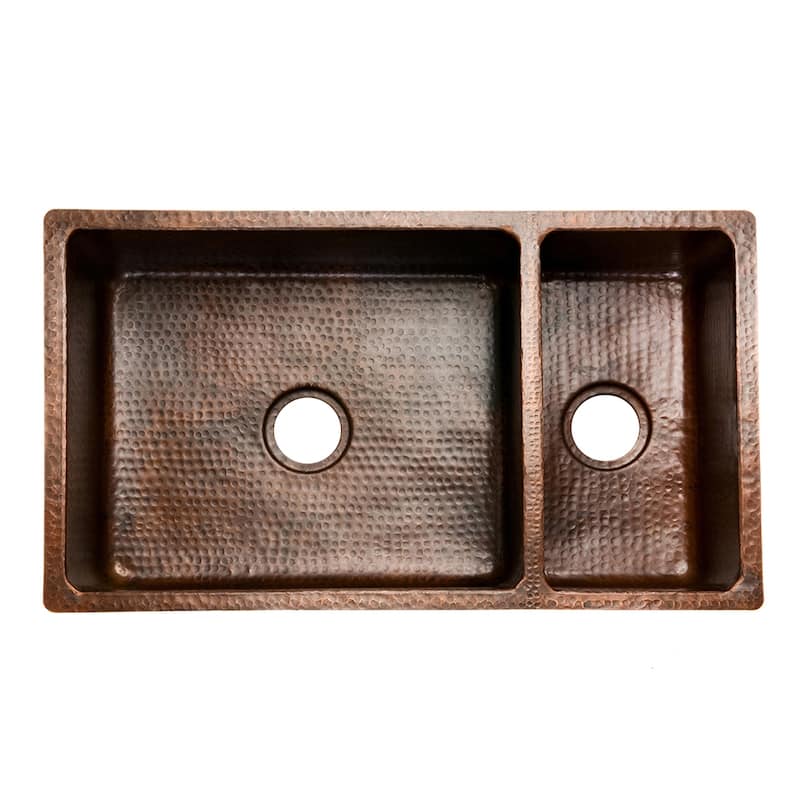 33-in Hammered Copper Kitchen 75/25 Double Basin Sink with Matching Drains, and Accessories (KSP3_K75DB33199)