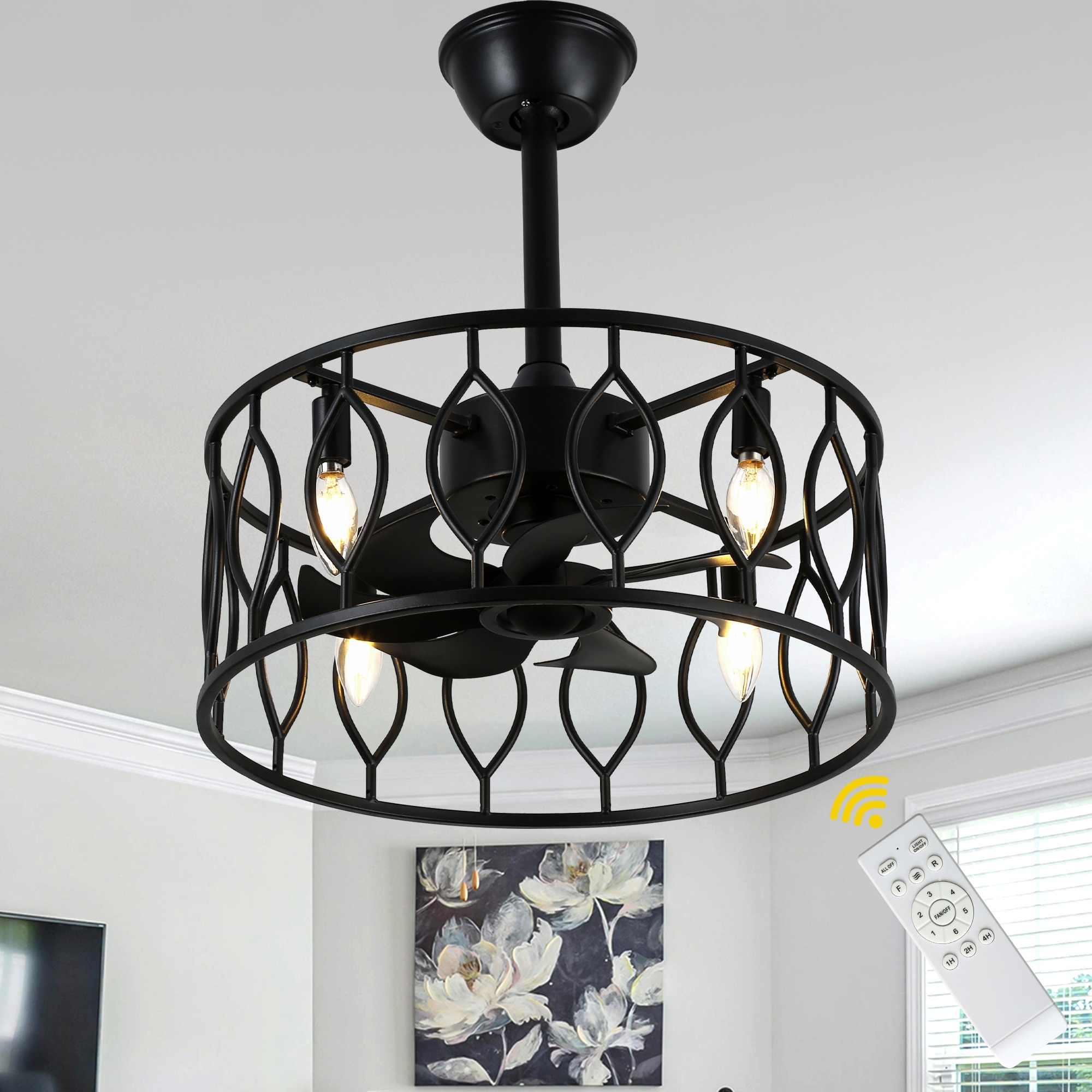 Bella Depot 19" Industrial Black Caged Ceiling Fan with Light Kit and Remote Control 6-Speed Reversible Motor - 18.9"