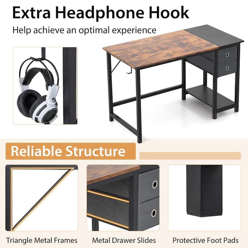 Costway 48" Home Office Desk with Storage Headphone Hook Shelf & 2