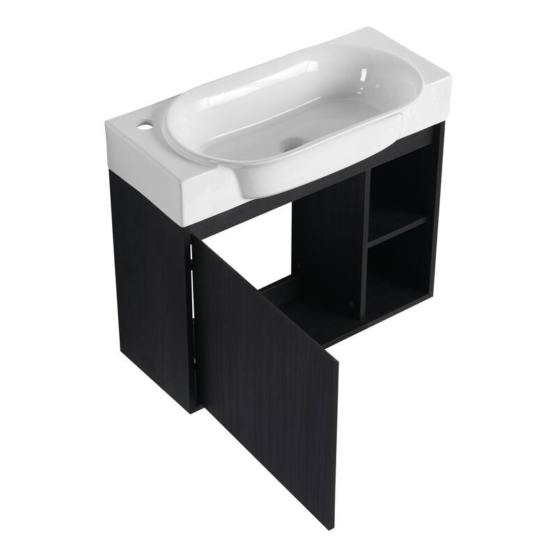 28'' Wall-Mounted Bathroom Vanity with White Ceramic Sink & Soft-Close Door, KD-Packing