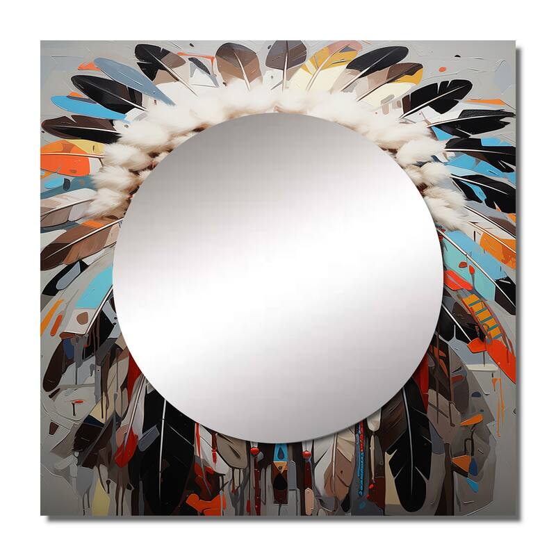 Designart "Native American Warrior Portrait" Native American Art Wall Mirror - People Square Wall Mirror For Living Room