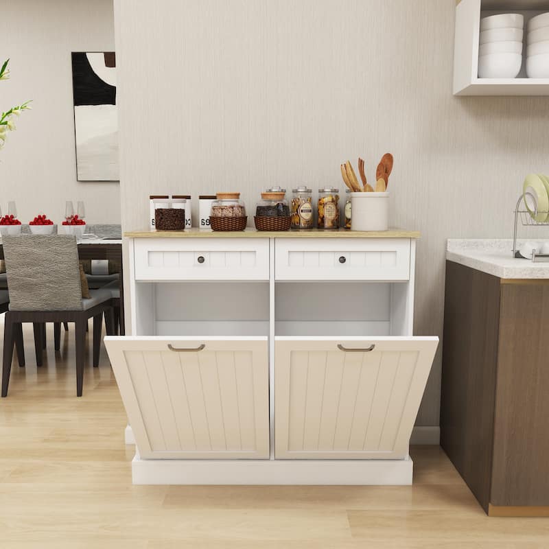 Anmytek White Farmhouse Kitchen Trash Cabinet with 2 Drawers and Tilt-Out 2-Compartment Storage