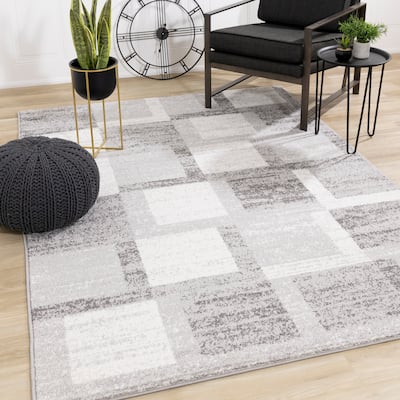 Flynn Collection - Grey/White Distressed Squares Rug