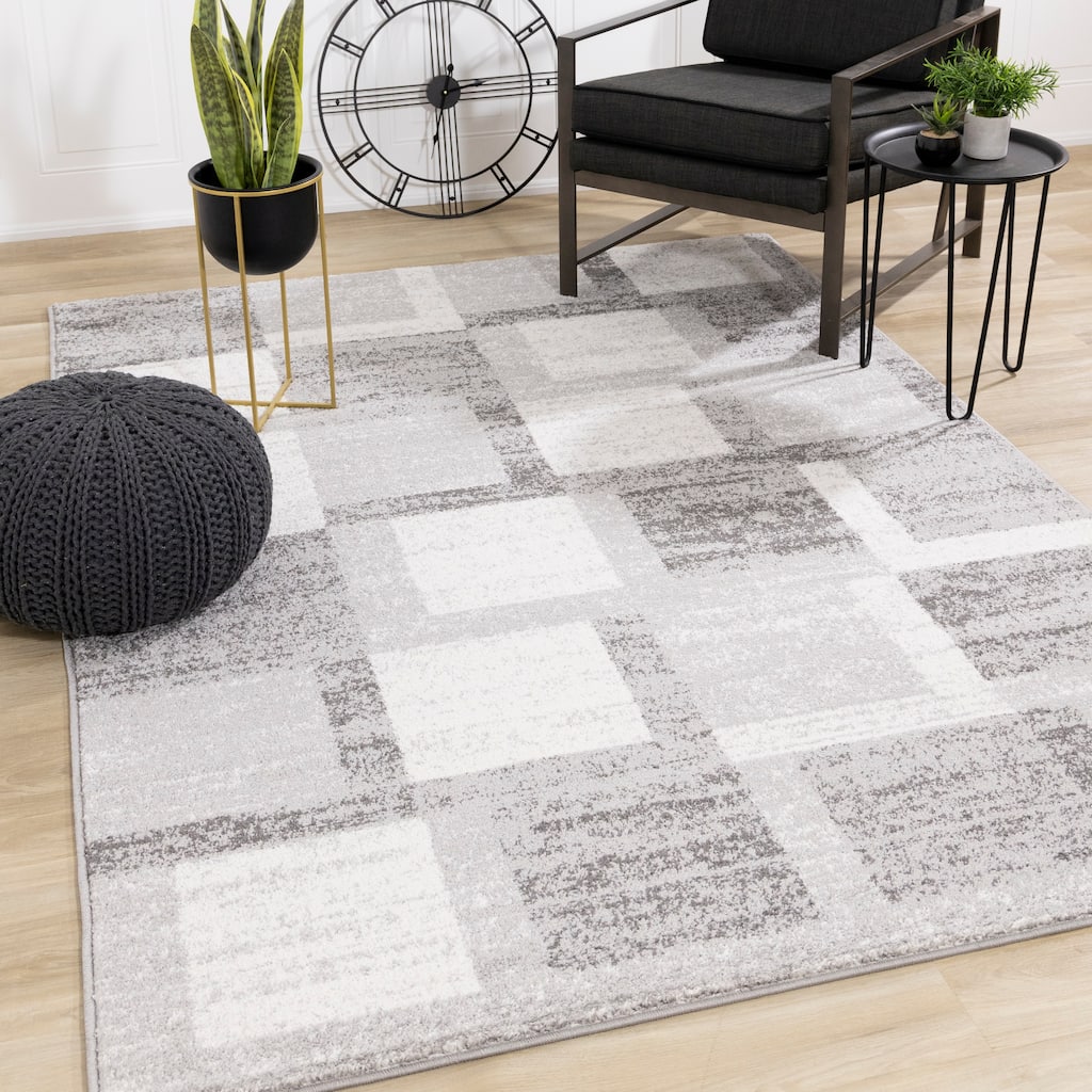 Flynn Collection - Grey/White Distressed Squares Rug