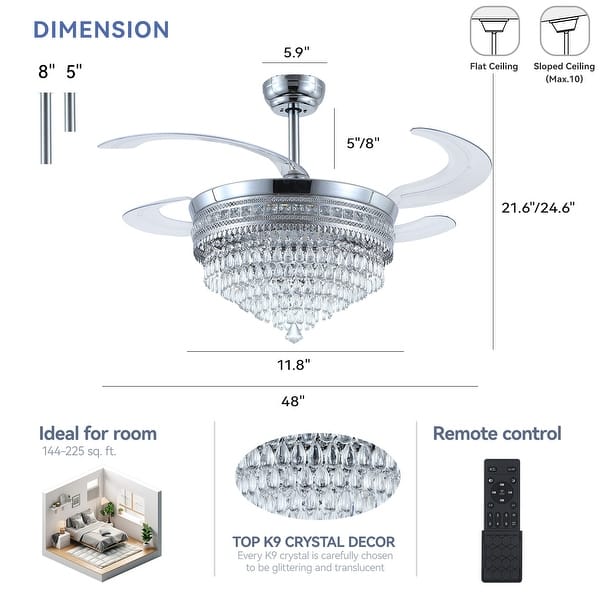 dimension image slide 4 of 6, 48-Inch Crystal Fandelier with 4 Retractable Blades, Dimmable LED, App and Remote Control - 48 Inches