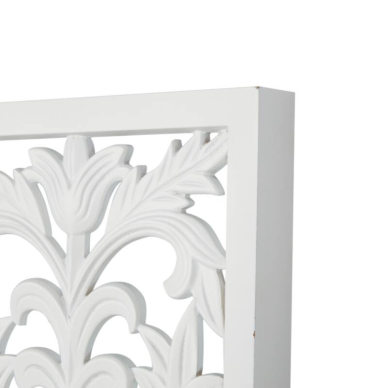 Wood Floral Carved Panel Wall Decor with Scroll Details - White - Roche River Decor