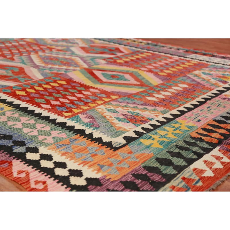 Geometric Kilim Oriental Rug Hand-Woven Multi-Color Wool Carpet - 8'5"x 11'2"