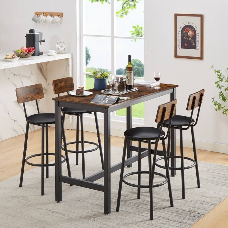 5 Pieces Bar Set with 4 Bar stools PU Soft seat with backrest