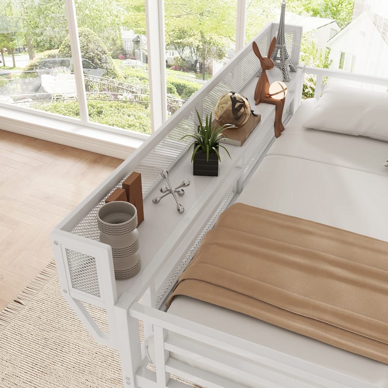 Metal Loft Bed with Wooden Stairs Built-in Storage Shelves and Wardrobe, High Loft Bed Frame with Side Grid Storage Rack