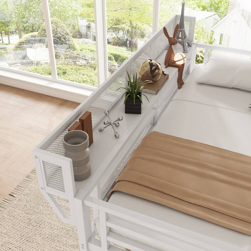 Twin Size Metal Loft Bed with Storage Shelves and Wardrobe, High Loft Bed Frame, Heavy Duty Metal Slat Support, Noise Free