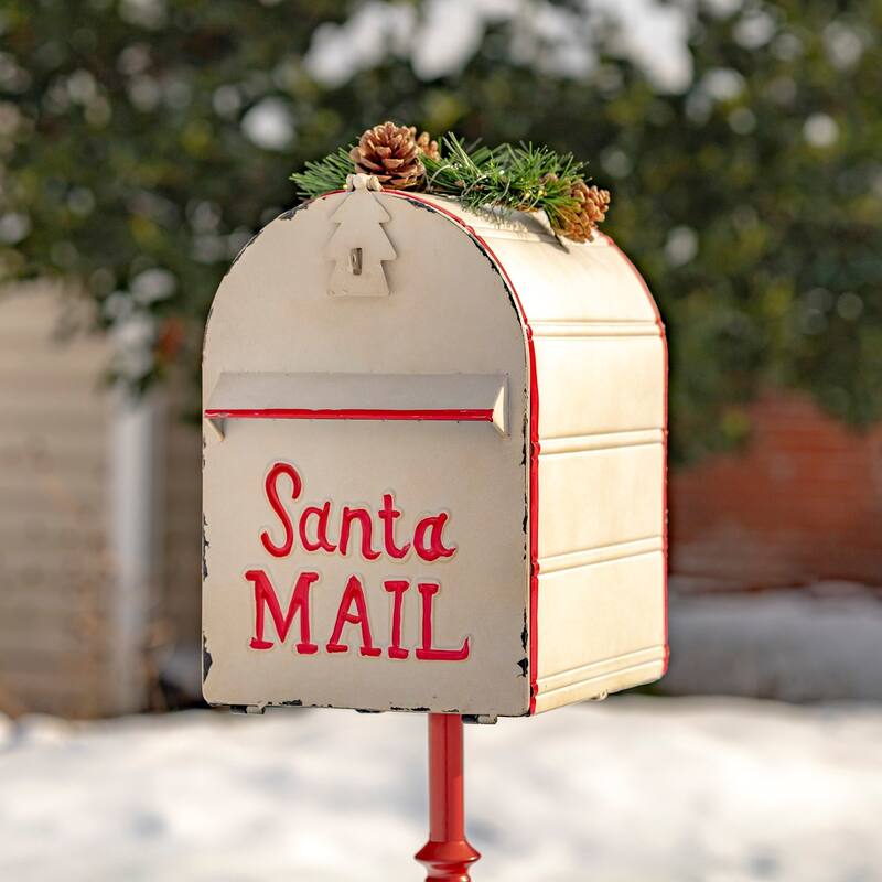 42" Tall Standing Christmas Mailbox with LED Wreath - 12"x12"x42" - Iron - Antique White