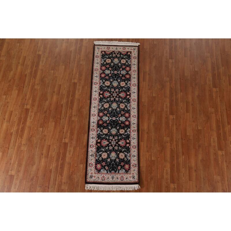 Hand Knotted Oriental 100% Wool Carpet Traditional Floral Black Kashan Runner Rug - 7' 8'' X 2' 6''