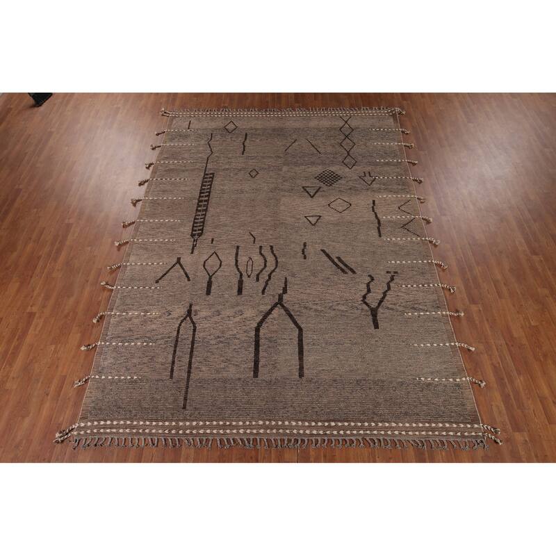 All-Over Brown Striped Moroccan Oriental Area Rug Handmade Wool Carpet - 8'11" x 12'8"