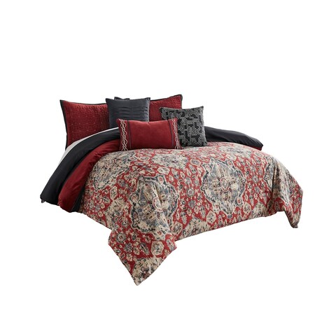 10 Piece King Size Comforter Set with Medallion Print, Red and Blue