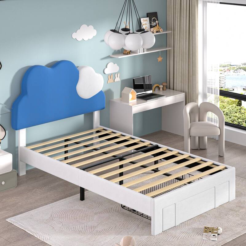 VECELO Twin Bed Upholstered Bed Frame with Storage Drawer, Platform Kids Bed Frames with Cloud-Shaped Headboard