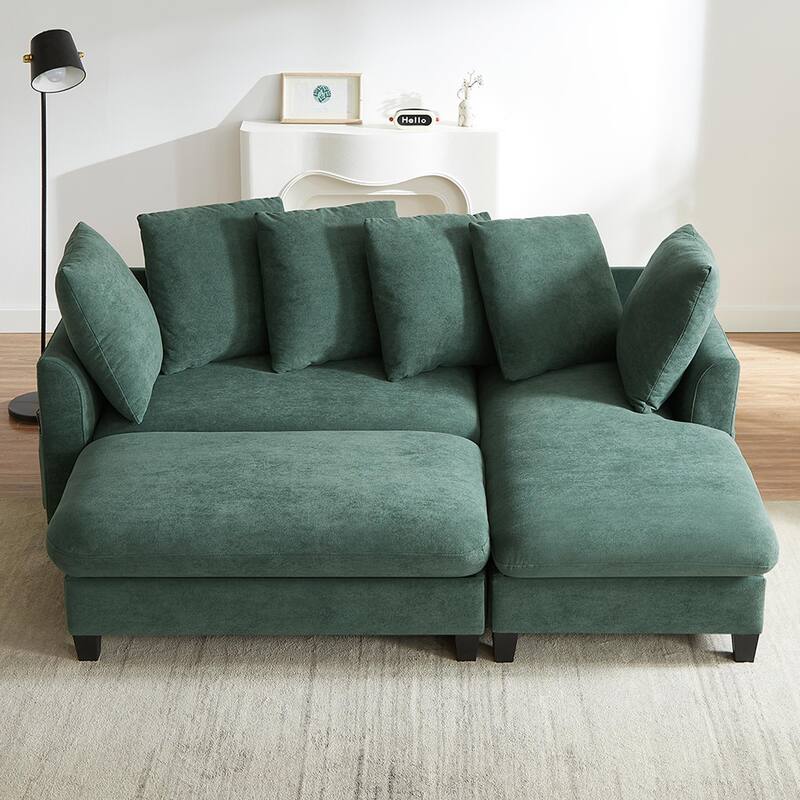 83" L-shaped Sofa with Storage, Ottoman, 6 Pillows, Green Chenille