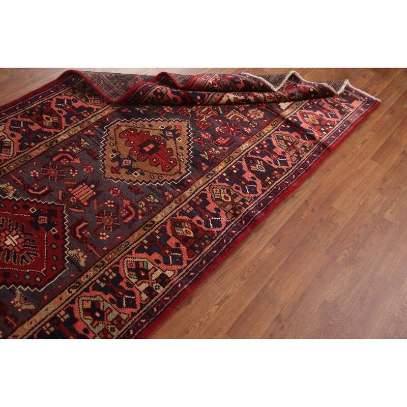 Hand Knotted Oriental 100% Wool Carpet Traditional Tribal Navy Blue & Blues Hamedan Runner Rug - 10' 9'' X 3' 6''