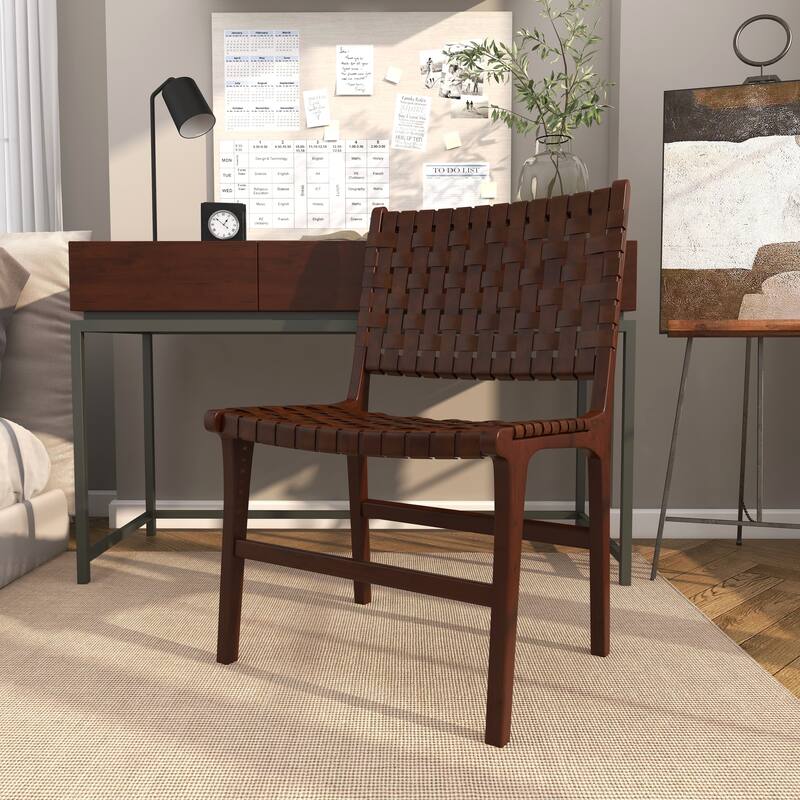 Brown, Black, White Leather Handmade Woven Kitchen Dining Chair with Teak Wood Frame