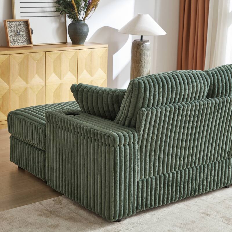 Anmytek 84 Inch Corduroy 3-Seater Comfy Deep Seat Sofa for Living Room with Storage Cup Holders Ottomans and Pillows