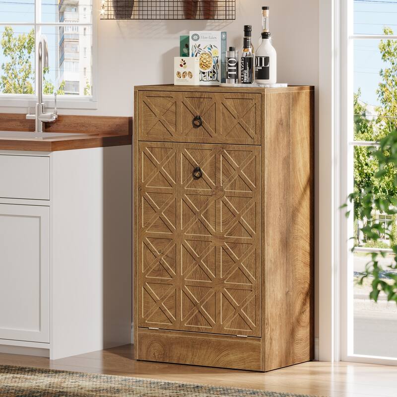 13 Gallon Wooden Fluted Tilt-Out Trash Can Cabinet with Drawer, Hidden Garbage Bin Waste Storage Unit for Kitchen Living Room
