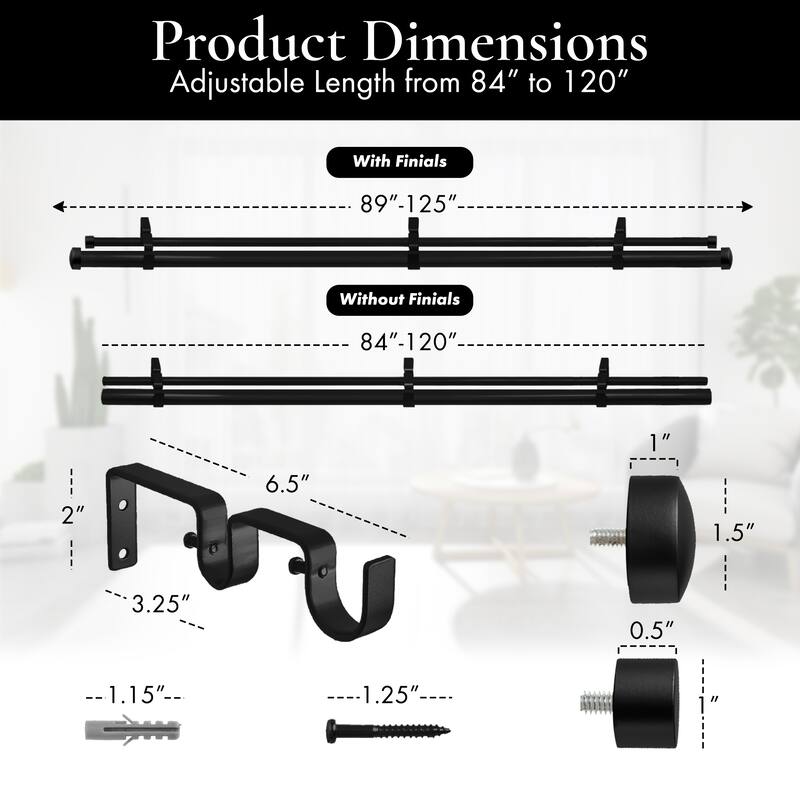 Meriville 1" Diameter Double Window Curtain Rod, End Cap Finials