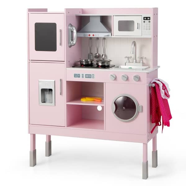 slide 2 of 8, Pretend Play Kitchen for Kids with 16 Pieces Accessories-Pink - 32.5" x 11.5" x 40.5"