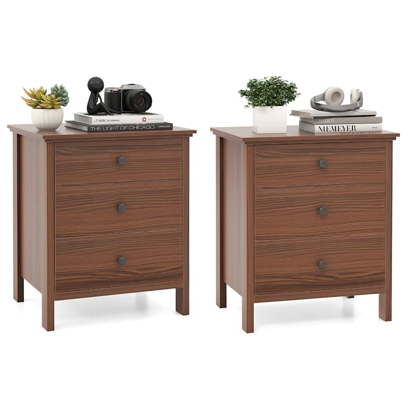 Gymax Set of 2 3-Drawer Nightstands Wooden Bedside Table Modern Side - Brown - MDF