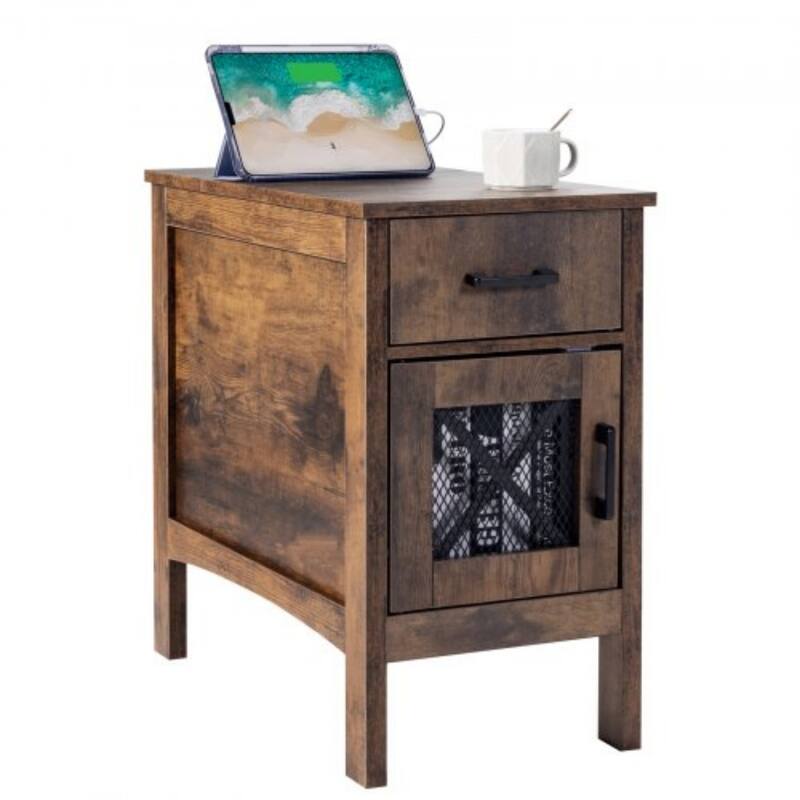 Natural Wood Particle Board End Table with Drawer and Power Strip - 23.98” L x 14.02” W x 24.02” H