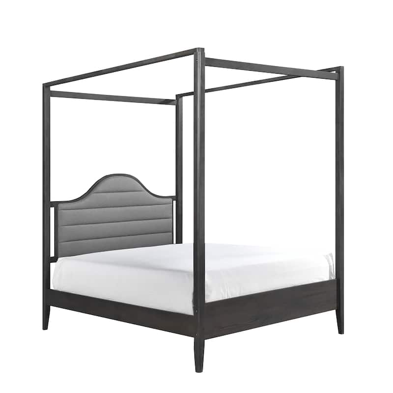 Full Size Wood Canopy Bed with Upholstered Headboard and Wooden Posts - Brown Mix