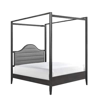 Full Size Wood Canopy Bed with Upholstered Headboard and Wooden Posts