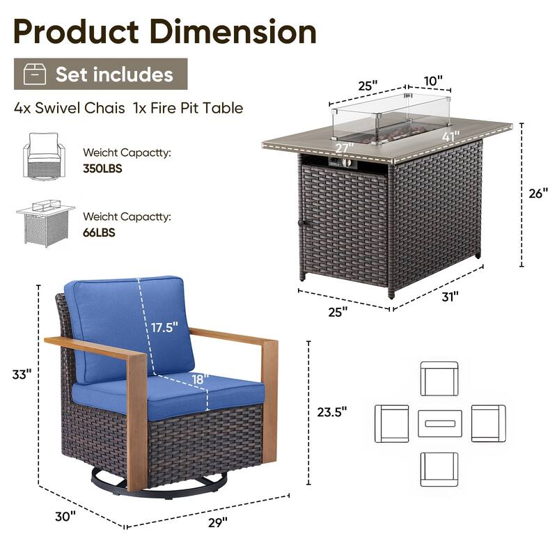 Pocassy 5 Pieces Outdoor Swivel Chair with Fire Pit Table Set