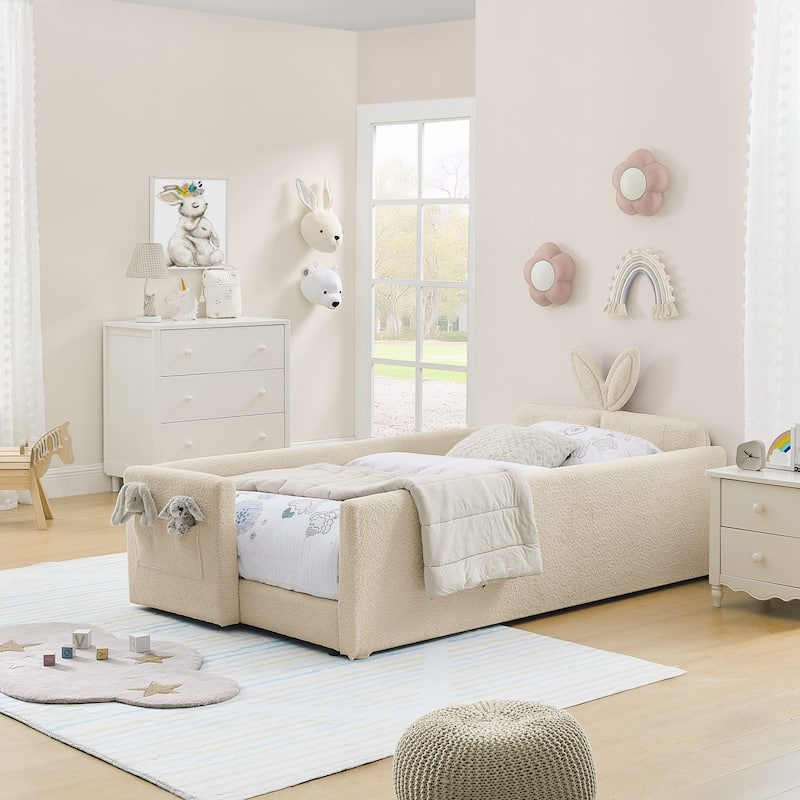 Twin Size Platform Bed Upholstered Bed with Safety Rail and Pocket, Kids Bed with RabbitEar, Skin-friendly Boucle Fabric