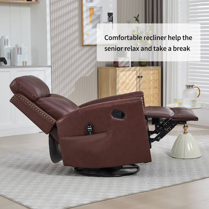 Roomfitters Genuine Leather Swivel Rocker Recliner, Manual Massage Glider with Heat and Top Grain Cowhide, Living Room