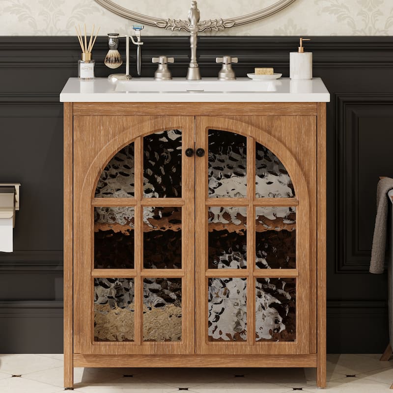 31" Farmhouse Bathroom Vanity with Ceramic Sink, Vintage Rustic Bathroom Cabinet with Bronze Pulls and 2 Soft-Closing Doors