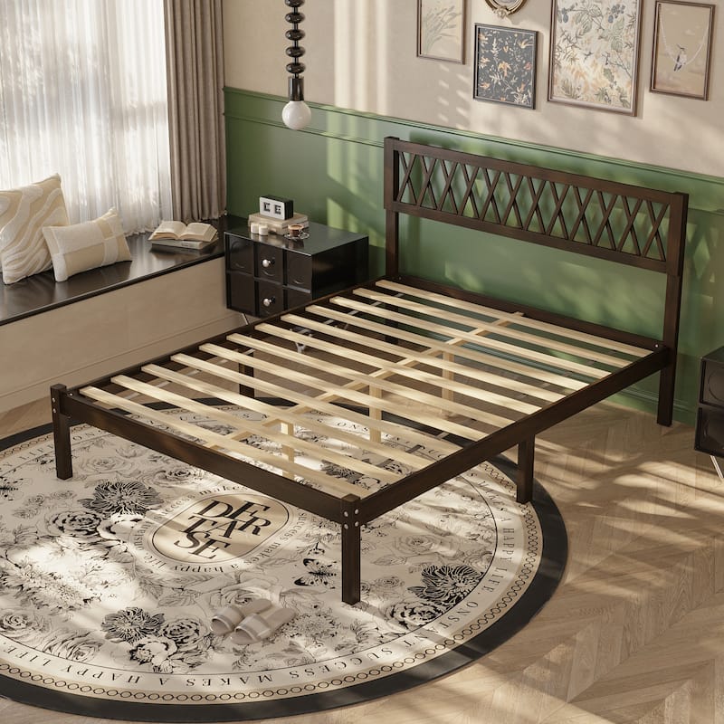 Solid Rubber Wood Platform Bed Frame with Decorative Headboard Queen Size Wooden Bed
