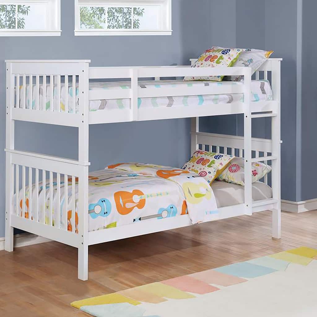 Twin over Twin Pine Bunk Bed with Slatted Headboard and Built-in Safety Guardrails
