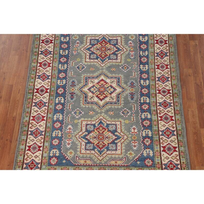 Geometric Kazak Rug Hand-Knotted Grey Wool Carpet - 4'11" x 6'9"