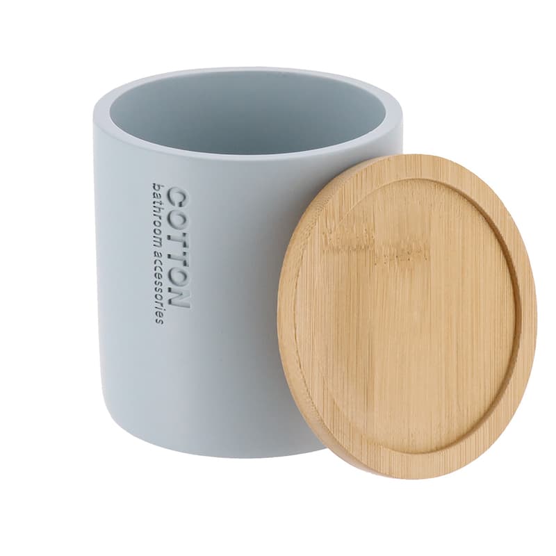 Sleek Cotton Pad Holder - Polyresin Bathroom Storage Container with Bamboo Lid - 4 L x 4 W x 4.6H