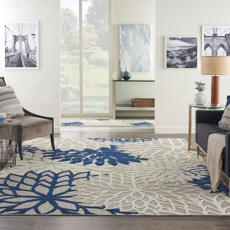 Nourison Aloha Floral Modern, Indoor/Outdoor Area Rug - 9' x 12' - Ivory/Navy Blue