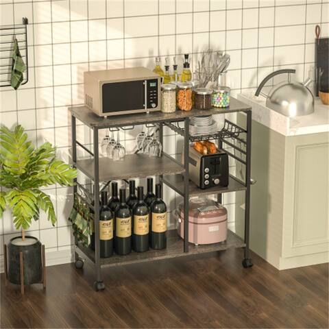 Brown Metal Kitchen Shelf With 6 Hooks,4 Removable Stop Wheels