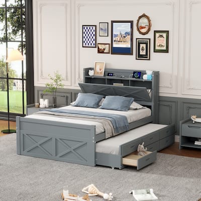 Full Size Wooden Bed with Storage Headboard and Built-in Outlets, Extendable Twin Trundle with 3 Drawers