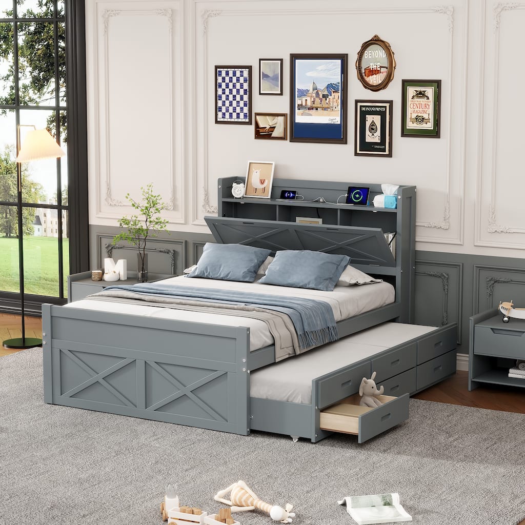 Full Size Wooden Bed with Storage Headboard with Outlets, Extendable Bed with Twin Size Trundle with Three Storage Drawers,Gray
