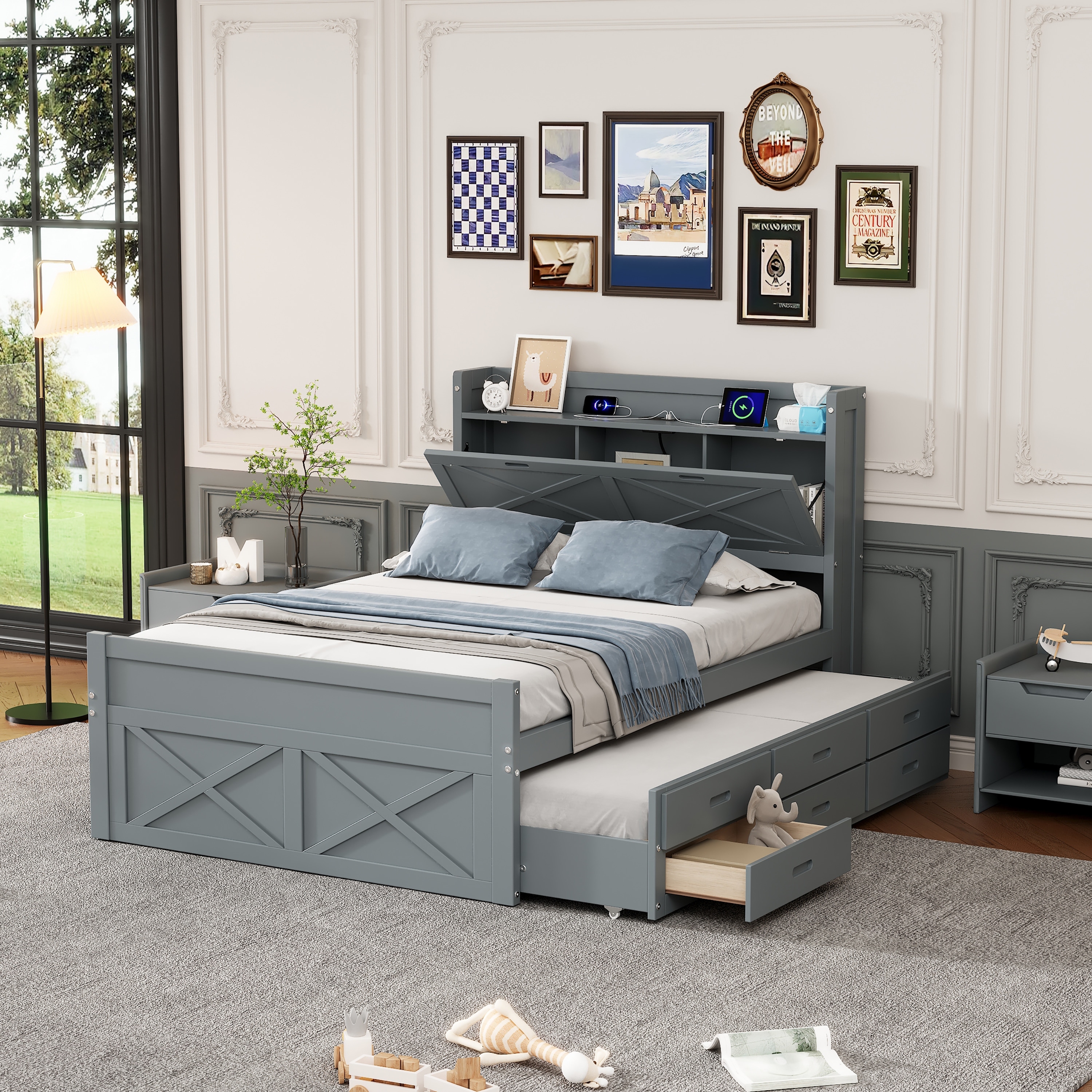 Gray Full Size Extendable Wooden Platform Bed with Storage Headboard,Three Storage Drawers and Trundle