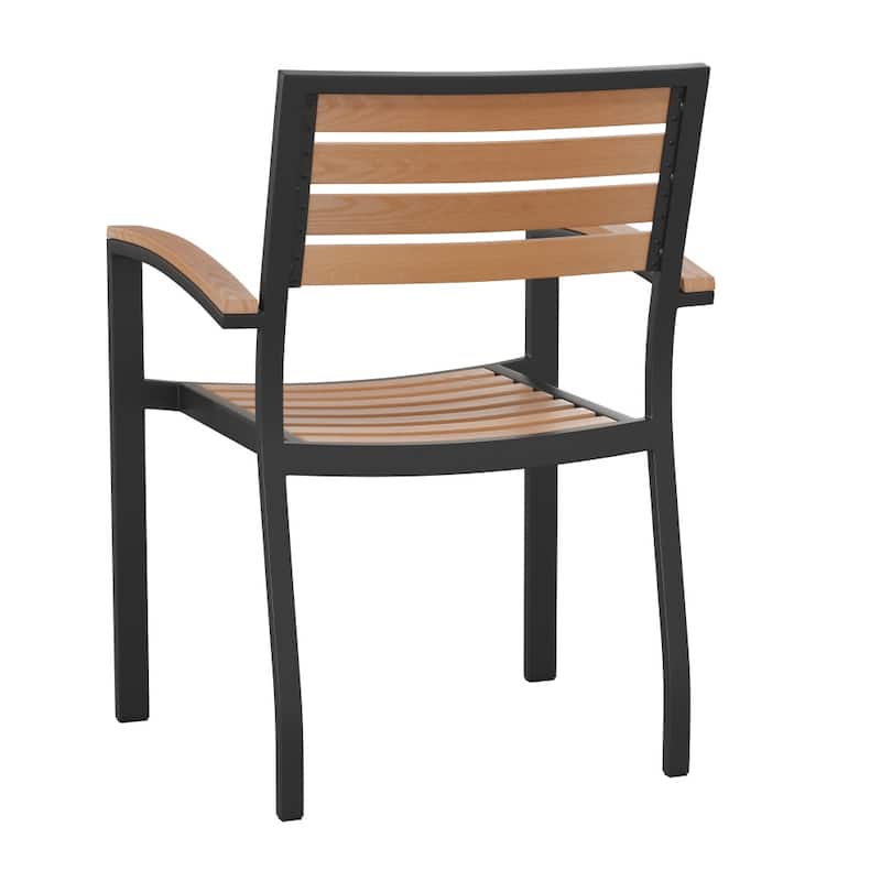 Set of 4 Stackable All-Weather Metal Patio Chairs with Faux Teak Slats